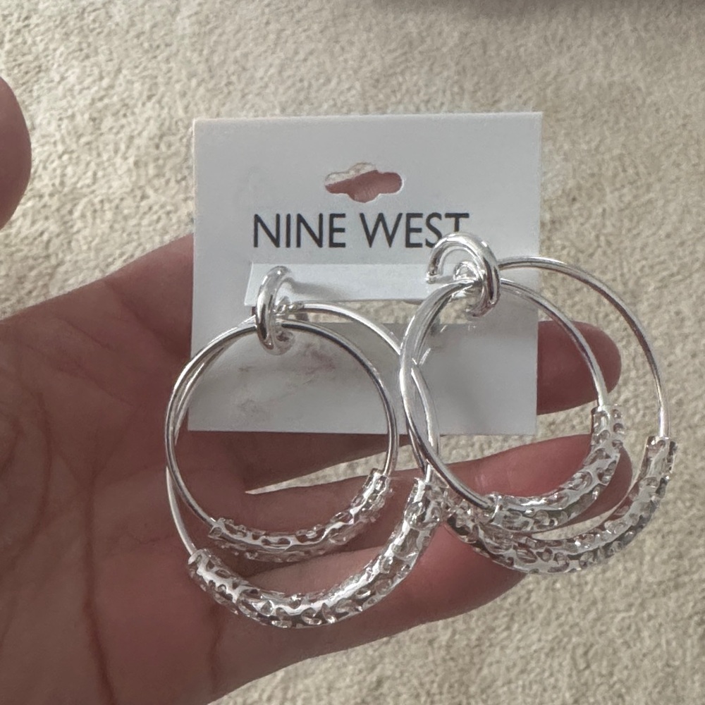 Nine West Textured Silver Double Hoop Earrings